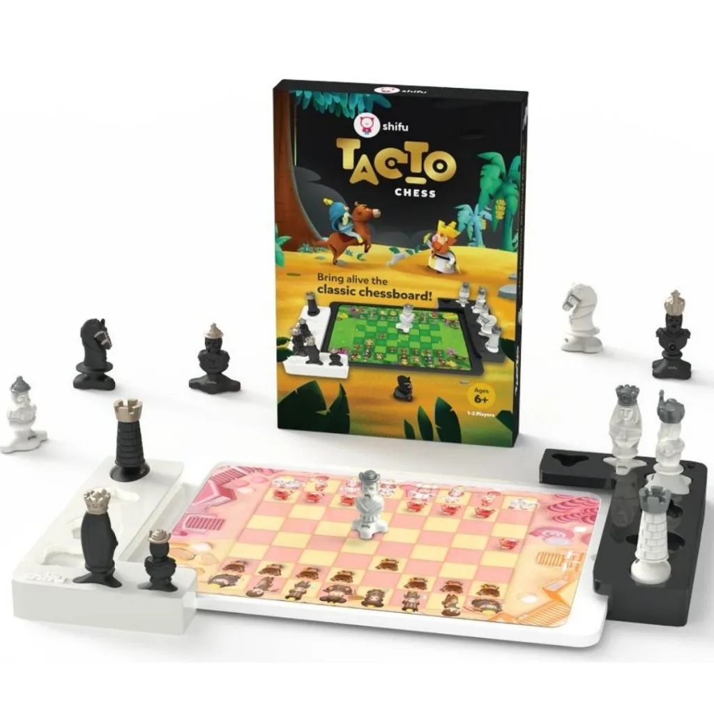 Shifu Tacto interaktivt schackspel, ett digitalt brädspel för lärande och underhållning för 1-2 spelare, tillgängligt på 8 språk.