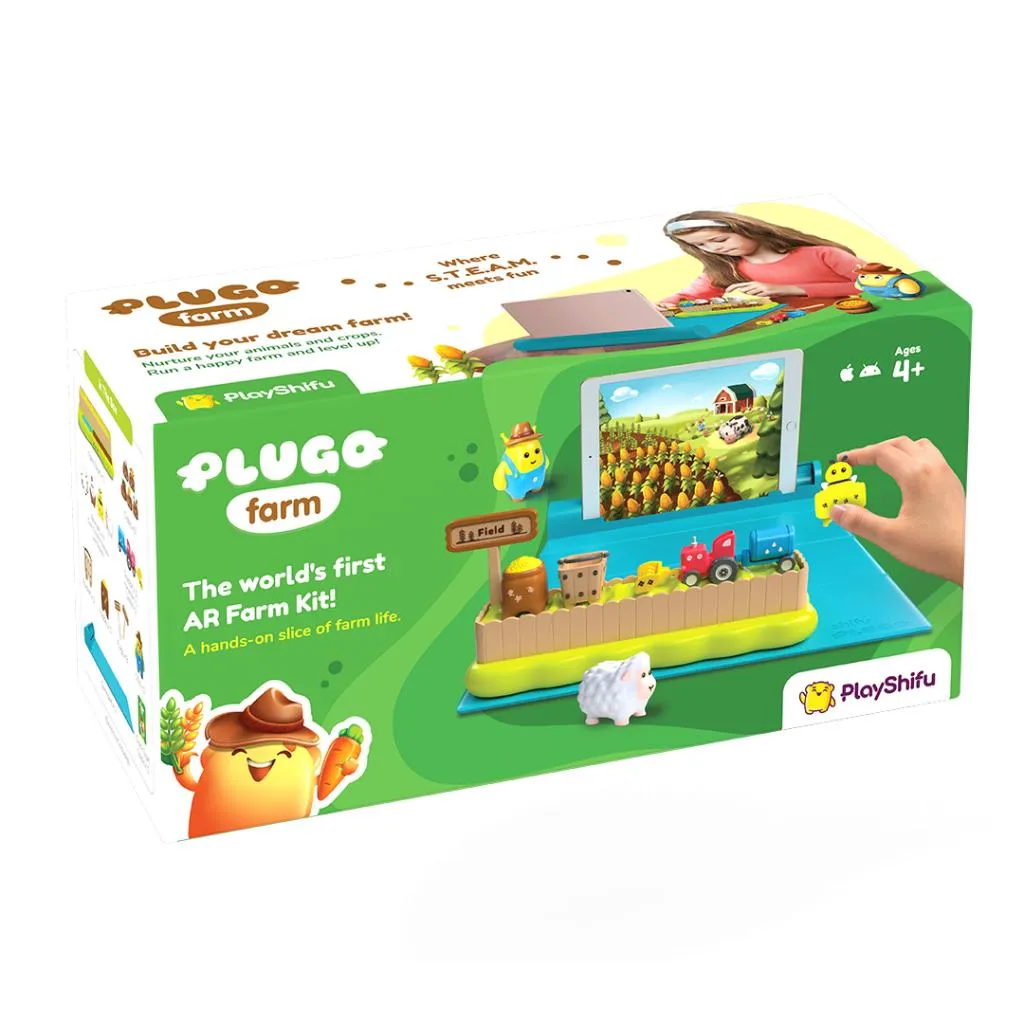 Interaktivt Shifu Plugo Farm STEM Play Kit för barn mellan 4 och 10 år, som kombinerar AR-teknik, pedagogiska spel och fysiska figurer för en rolig inlärningsupplevelse.