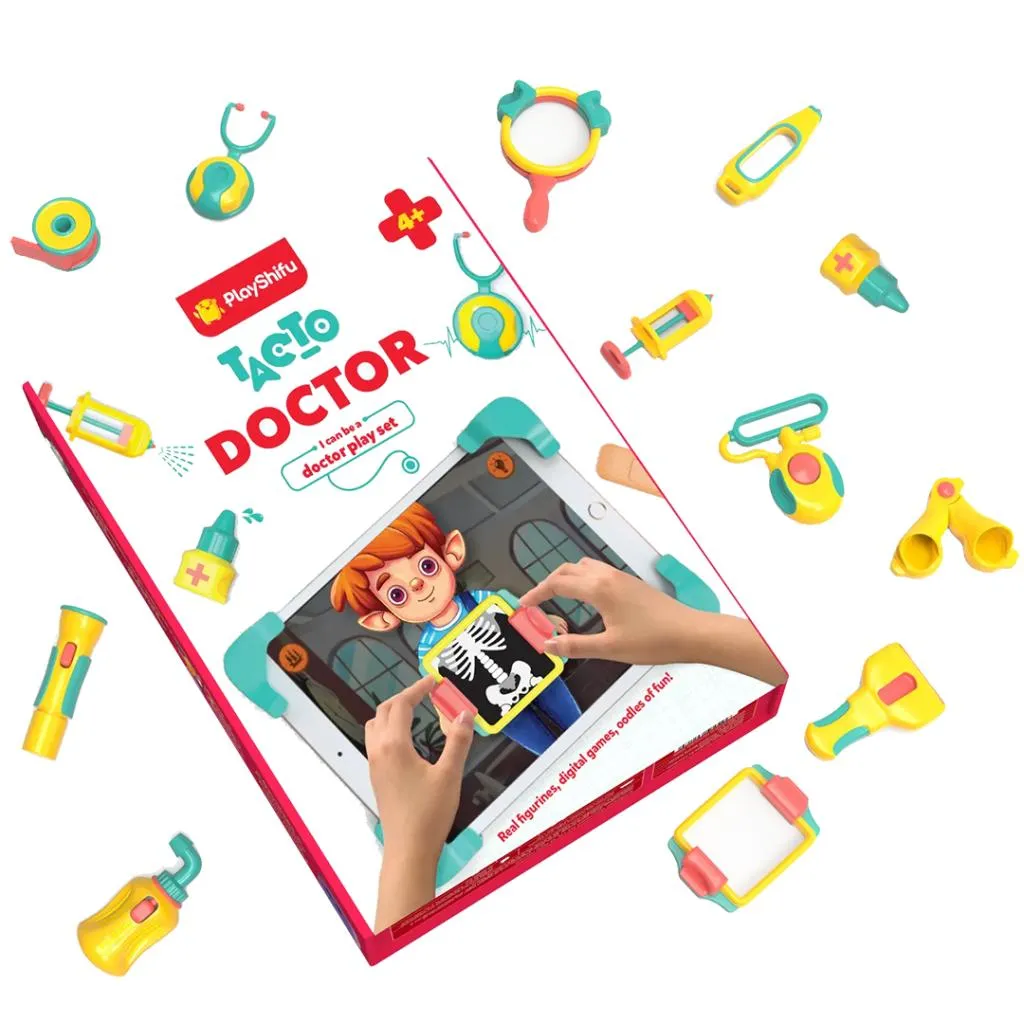 Barn leker med Shifu Tacto: Läkarspel, ett interaktivt STEM-inlärningsverktyg som förvandlar en surfplatta till en låtsasklinik.