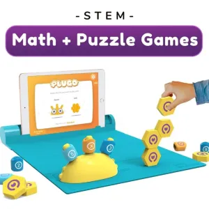 Play Shifu Plugo STEM Wiz Pack -tablettipeli, jossa on värikkäitä matematiikkapalikoita ja käsi asettamassa palaa