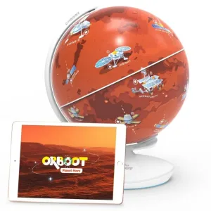 Play Shifu Orboot Planet Mars AR-glob med surfplatta, som visar grafik över Mars yta och rymduppdrag.