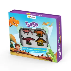 PlayShifu Tacto Dino -interaktiivisen dinosauruspelin laatikko, jossa hahmot näkyvät ikkunan läpi