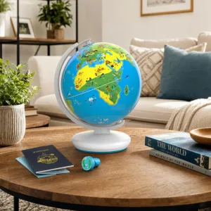 PlayShifu Orboot Earth interaktiv AR-læringsglobus på et hvidt stativ, vist med pasguide