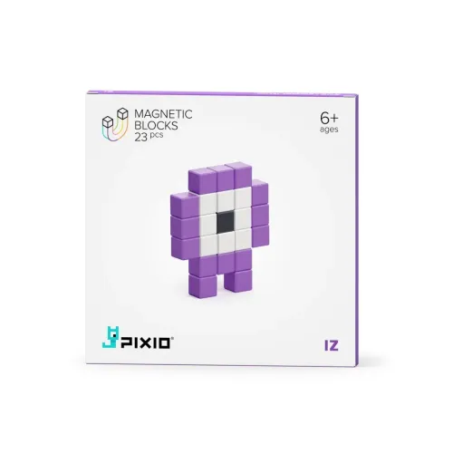 Pixio Mini Monster Iz on white product box with purple border; front shows pixelated figure, text Magnetic Blocks 23 pcs, 6+