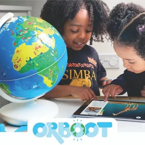 Shifu Orboot AR globe on white base with colorful card icons, placed on table next to two children pointing at a black tablet.