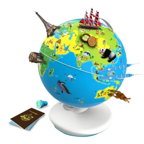 Child's globe on white base with colorful map illustrations and protruding landmarks and animals, with stamp and passport booklet next to it.