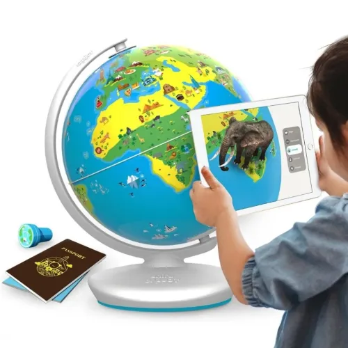 Shifu Orboot AR globe on white base with map motif in bright colors, next to stamp and passport; child holds tablet to globe.