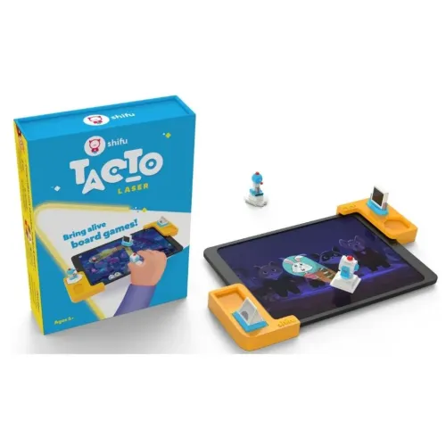 Play Shifu Tacto: Laser spelkit med produktlåda, surfplatta med orange ramar på kanterna och små pjäser med prisma och spegel.