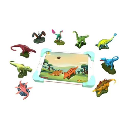 Vuorovaikutteinen dinosauruspeli, jossa tabletti turkooseissa kulmasuojissa, dinosaurusfiguurien ympäröimänä; näytöllä näkyy dinosauruksia.
