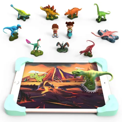 Tacto Dino -pelisarja, jossa tabletti mintunvihreissä kulmakehyksissä, dinosaurus ruudulla ja useita hahmoja ympärillä mustalla taustalla.