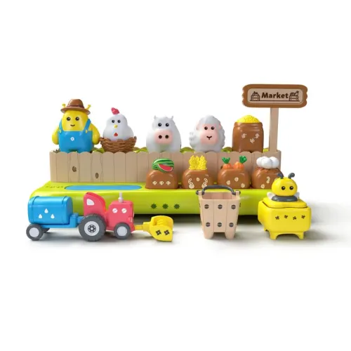 Shifu Plugo gårdssett med grønn base, gjerde, bonde, dyr og avlinger, markedsskilt, to traktorer, bøtte, kurv og robot.