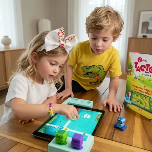 Play Shifu Tacto Coding tahvelarvutimäng lastele, kasutades füüsilisi mängutükke ja tahvelarvutit