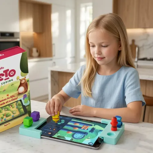 Play Shifu Tacto Coding tahvelarvutimängukomplekt värviliste osadega, mida kasutab laps
