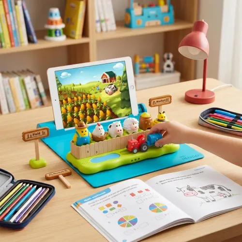 PlayShifu Plugo Farm interaktivt AR-spelset med bondgårdsscen på surfplatta, figurer och traktor