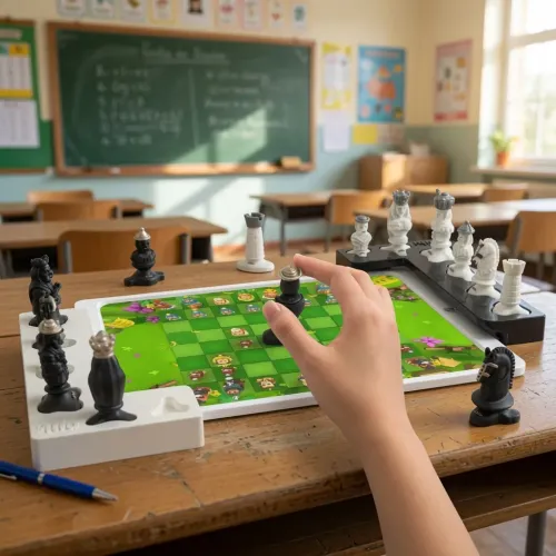 Play Shifu Tacto: Chess interaktiivinen shakkipeli tabletilla, fyysisten nappuloiden kanssa, kuvattuna luokkahuoneessa.