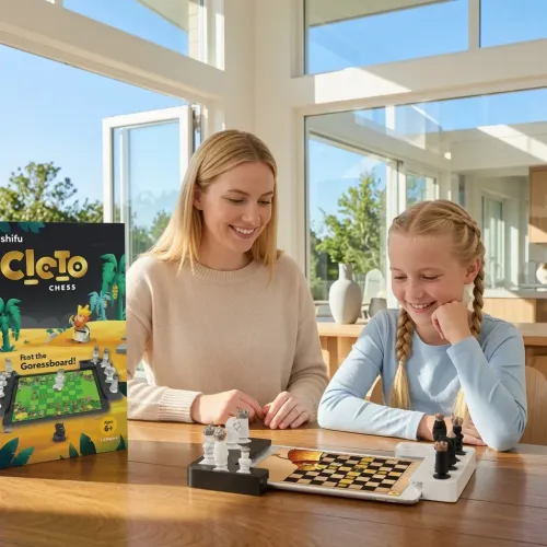 Play Shifu Tacto Chess interaktiivinen shakkipeli, jossa on pelilauta, nappulat ja tuotekotelo pöydällä