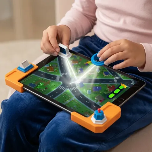 Play Shifu Tacto: Laser tablet game with orange corner frames and child moving pieces on a light beam puzzle.