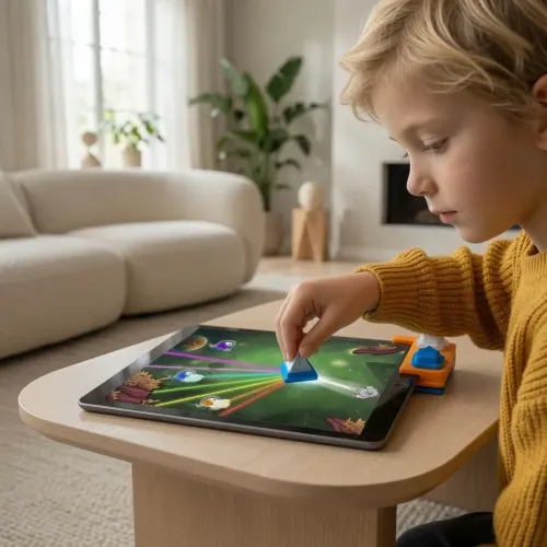 Play Shifu Tacto: Laser tablet game with a child using blue pieces on a screen showing a laser puzzle