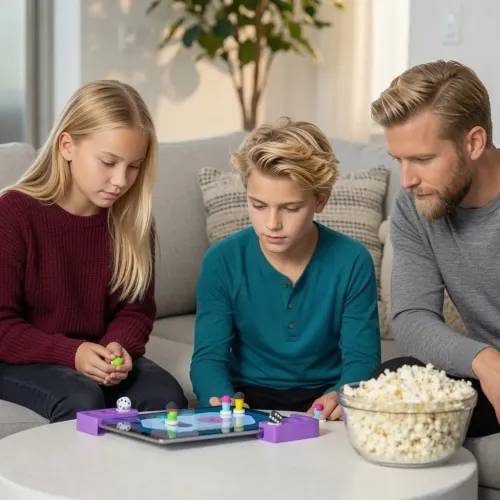Play Shifu Tacto Classic tabletbrætspil med børn og en voksen, der spiller med farverige brikker