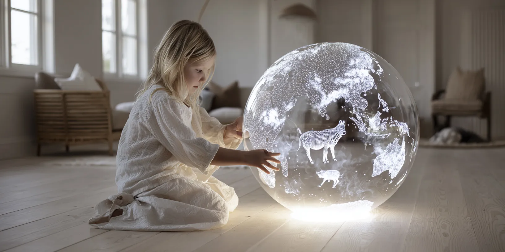 Children learn geography on the Orboot globe and code with Plugo in front of a tablet