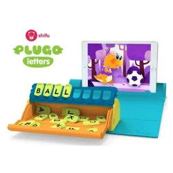 Child exploring Shifu Plugo Letters educational kit with interactive AR games, learning English, storytelling, and STEM skills at home