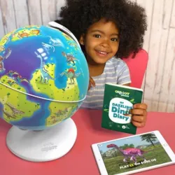 Child exploring prehistoric times using the Shifu Orboot AR globe with interactive dinosaur games and facts.